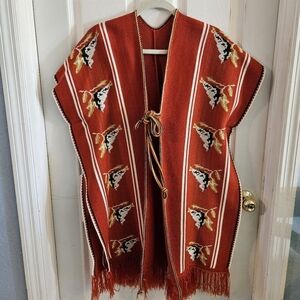 Vintage Fringed Tie Front Knit Poncho Sweater Vest Unbranded